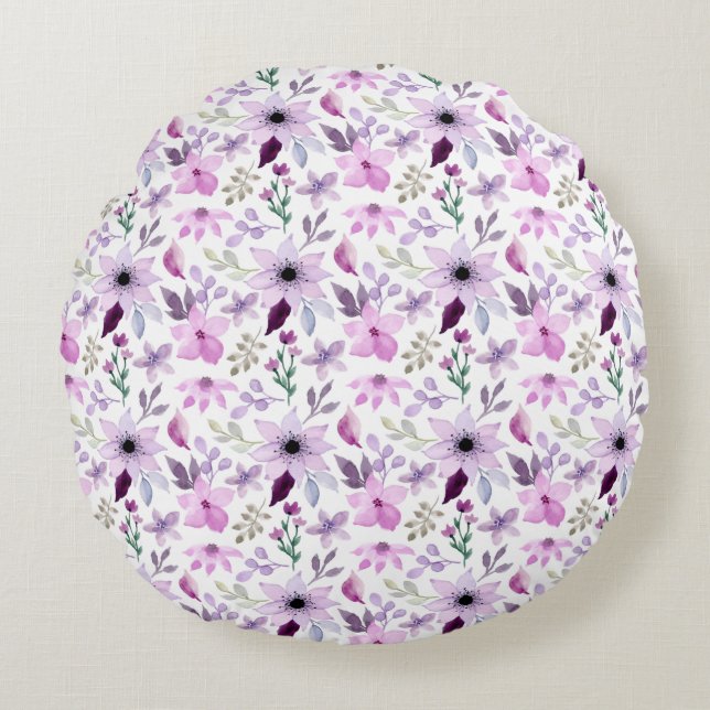 Coussins Ronds Fleurs florales violettes pastel rose (Devant)