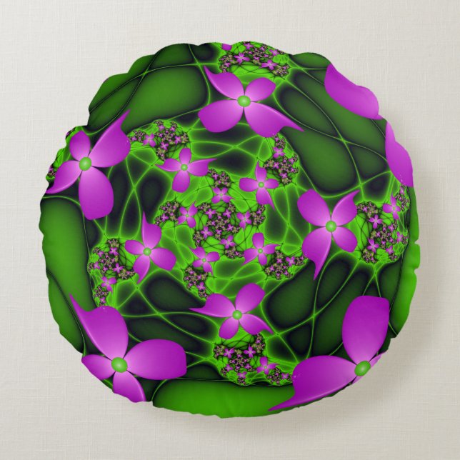 Coussins Ronds Fleurs fractales abstraites modernes rose vert néo (Devant)
