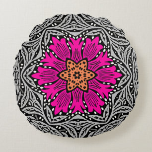 Coussins Ronds Fleurs géométriques - Fuchsia rose et gris