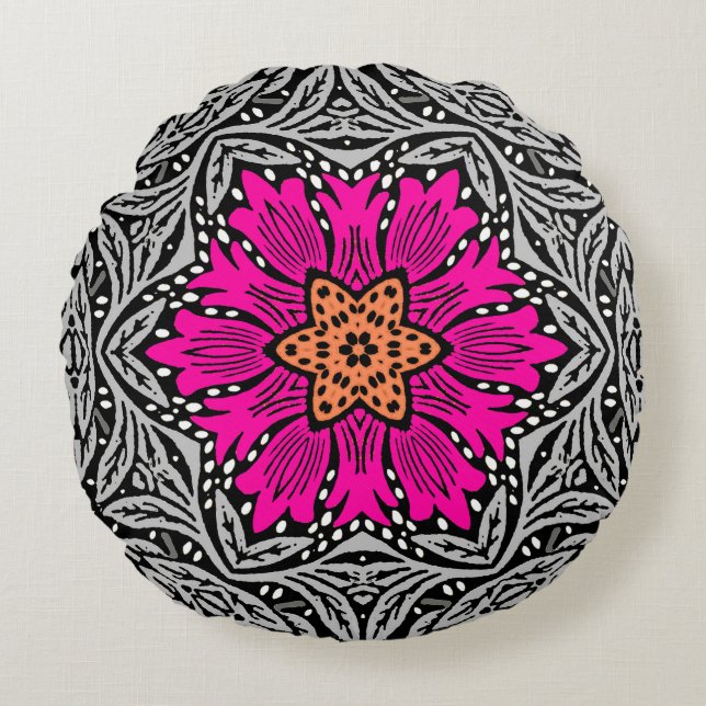 Coussins Ronds Fleurs géométriques - Fuchsia rose et gris (Devant)