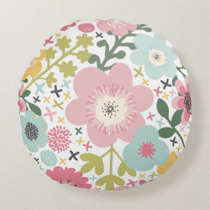 Coussins Ronds Fleurs modernes roses bleues jaunes Floral