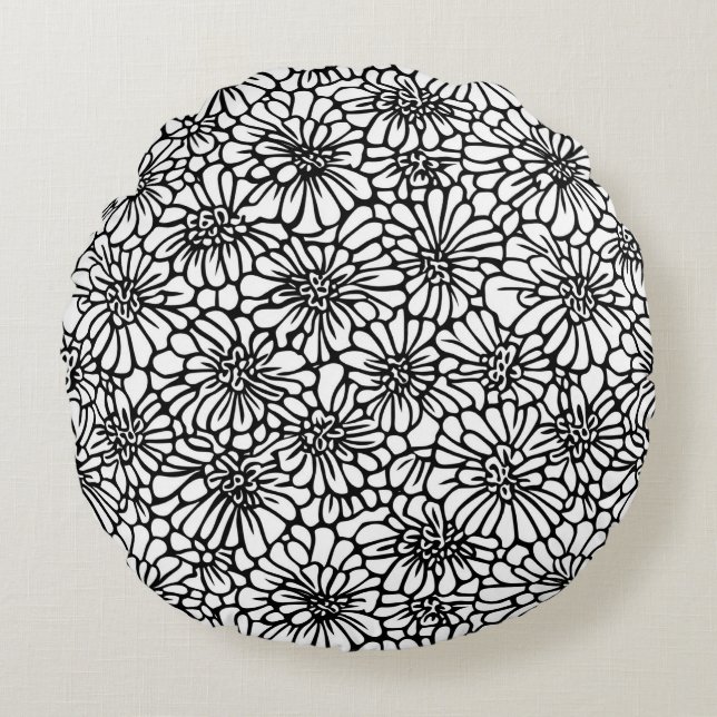 Coussins Ronds Fleurs Noir Blanc (Devant)