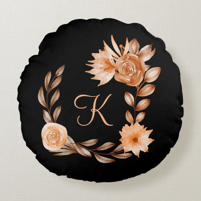 Coussins Ronds Fleurs noir marron et pêche avec monogramme  (Devant)