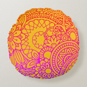 Coussins Ronds Fleurs orange violet et fond jaune Rou