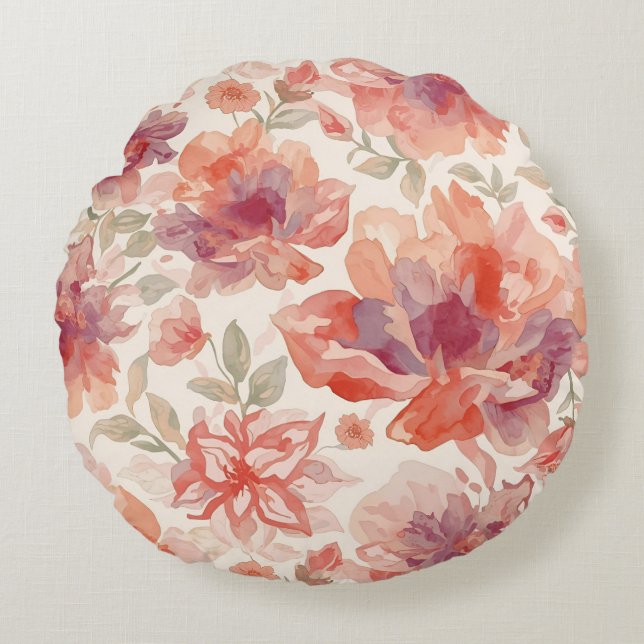Coussins Ronds Fleurs pastel aquarelle orange clair (Devant)