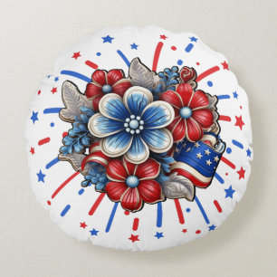 Coussins Ronds Fleurs Patriotiques en Rouge Blanc & Bleu 4 Juille