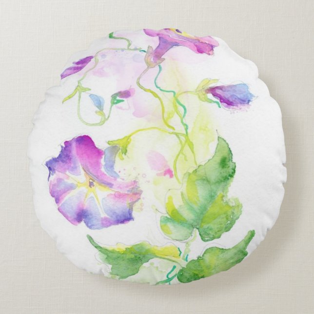 Coussins Ronds Fleurs peintes de convolvule d'aquarelle (Devant)