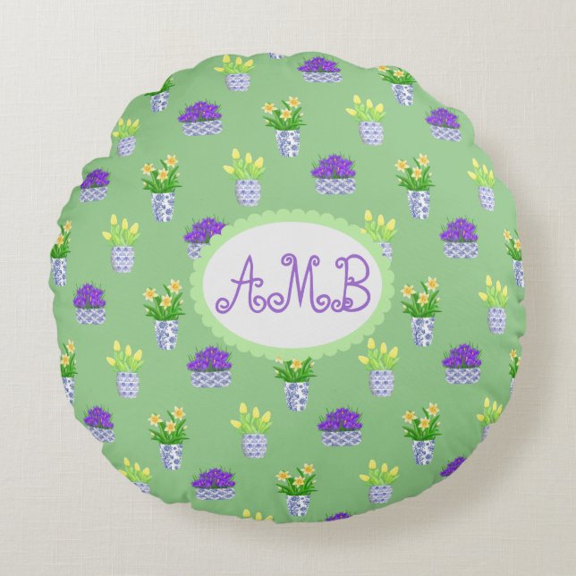 Coussins Ronds Fleurs printanières dans les pots bleus et blancs  (Devant)