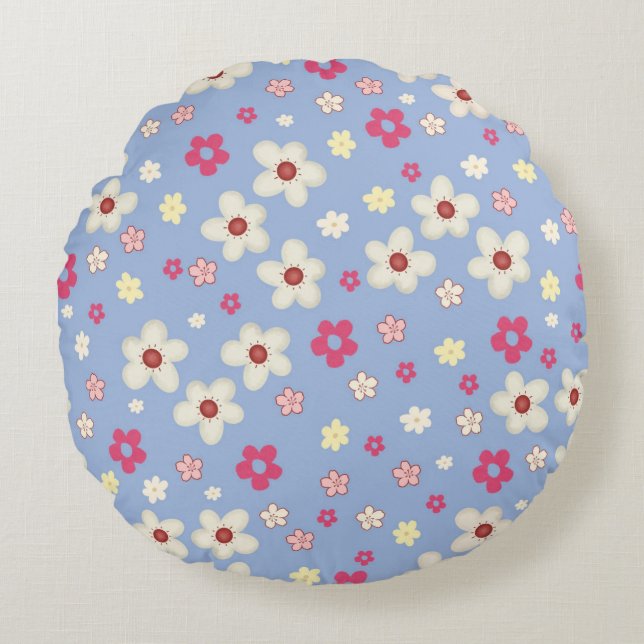 Coussins Ronds fleurs printanières sur fond bleu (Devant)