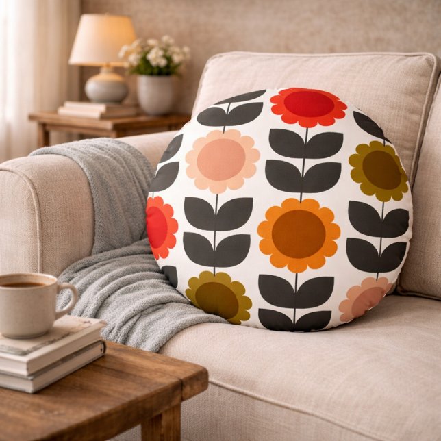 Coussins Ronds Fleurs rétro groovy modernité du milieu du siècle (Créateur téléchargé)