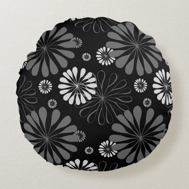Coussins Ronds Fleurs rétro noir et blanc (Devant)