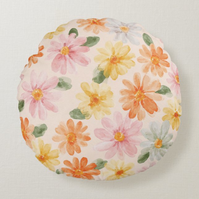Coussins Ronds Fleurs Rose Jaune Bleu Pêche  (Devant)