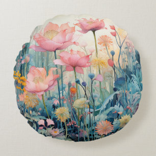 Coussins Ronds Fleurs Roses Dans L'Aquarelle Printanière Du Milie