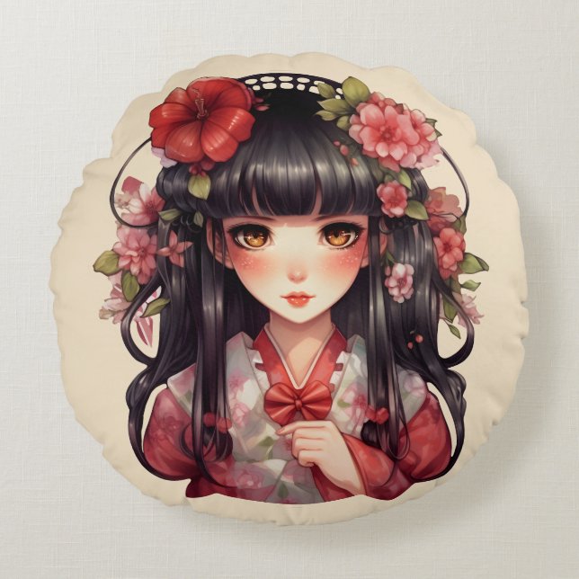 Coussins Ronds Fleurs roses d'une fille (Devant)