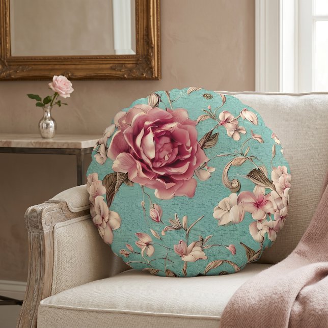 Coussins Ronds Fleurs roses et blanches Shabby Chic sur sarcelle (Créateur téléchargé)