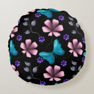 Coussins Ronds Fleurs roses fantaisistes et papillon bleu sans co