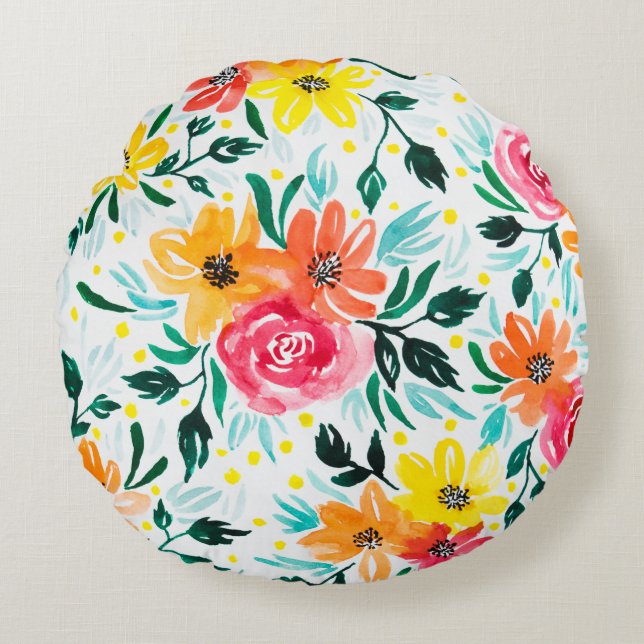 Coussins Ronds Fleurs roses jaunes modernes Design aquarelle (Devant)