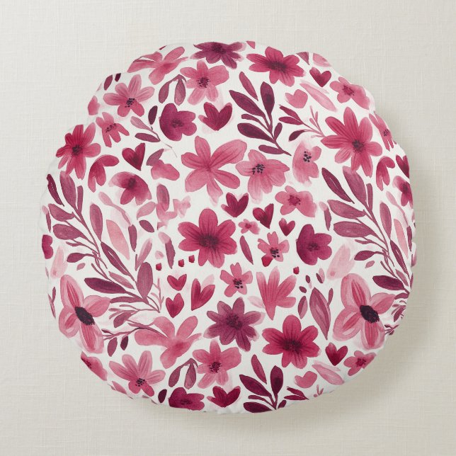 Coussins Ronds Fleurs Roses Rouges Fillettes Crème   (Devant)
