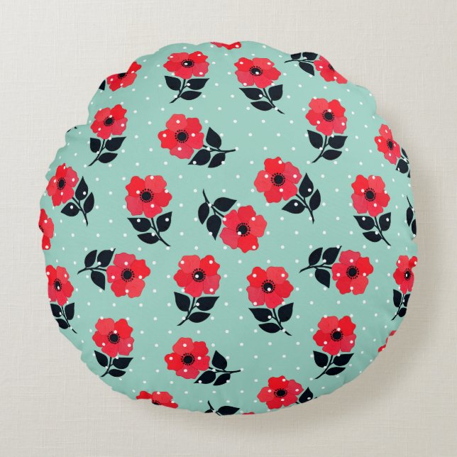 Coussins Ronds Fleurs Rouges Romantiques Cute Design Floral (Devant)
