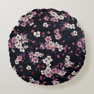 Coussins Ronds Fleurs Sakura Roses Noires, Design Motif,