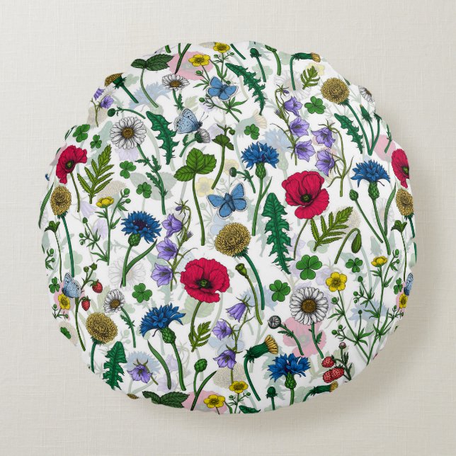 Coussins Ronds Fleurs sauvages sur blanc cassé (Devant)