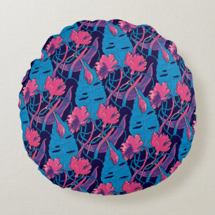 Coussins Ronds Fleurs sauvages tropicales bleues roses modernes e