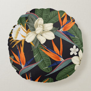 Coussins Ronds Fleurs tropicales, arrière - plan foncé, sans cout