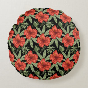 Coussins Ronds Fleurs tropicales rouges sans coutures motif vert