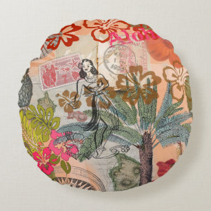 Coussins Ronds Fleurs Vintage Hula Coloré Hawaïen Tropical