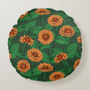 Coussins Ronds Fleurs Zinnia orange, feuilles verts sur vert fonc