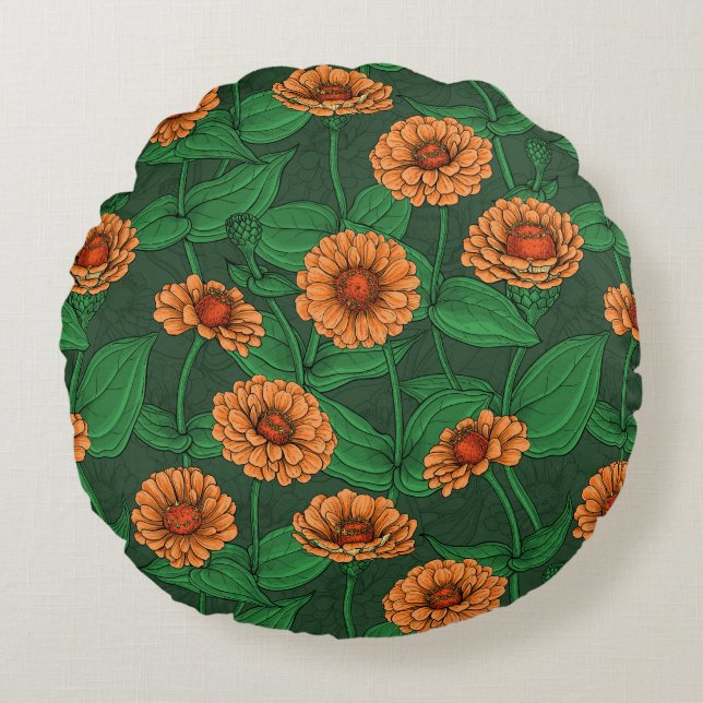 Coussins Ronds Fleurs Zinnia orange, feuilles verts sur vert fonc (Devant)