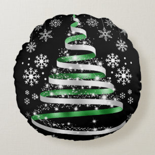 Coussins Ronds Flocon de neige blanc Ruban argenté Arbre de Noël