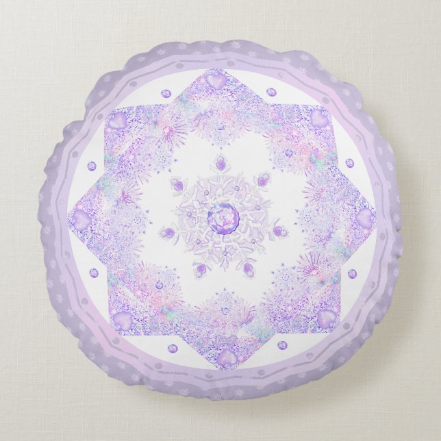 Coussins Ronds flocon de neige violet clair et coeur étincelant (Devant)
