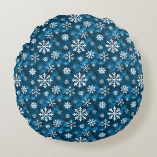 Coussins Ronds Flocons de neige blancs sur fond bleu Noël