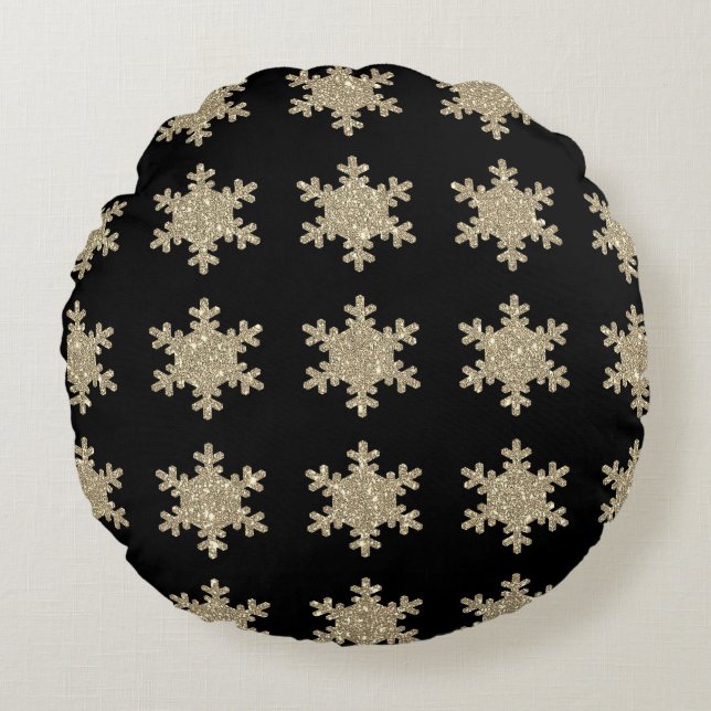Coussins Ronds Flocons de neige dorés pailletés motifs noir migno (Devant)