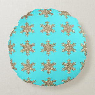 Coussins Ronds Flocons de neige dorés pailletés motifs turquoise 