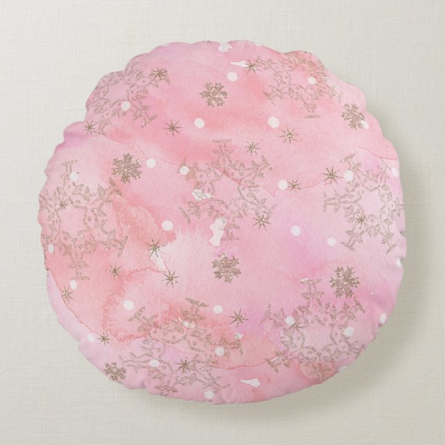Coussins Ronds Flocons de neige rose Noël Motif Boho (Devant)