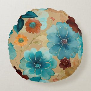 Coussins Ronds Floral bleu turquoise, rouge, rouille et bronze