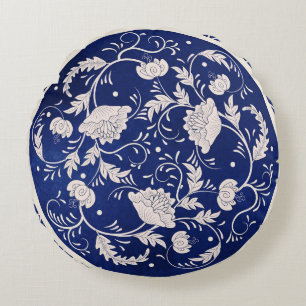 Coussins Ronds Floral chinois rond : Aquarelle bleue Vintage