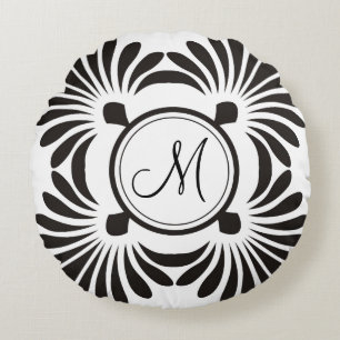 Coussins Ronds Floral Coussin-Noir rond initial de monogramme