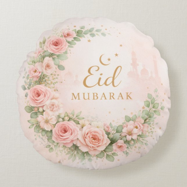 Coussins Ronds Floral Eid Mubarak – Blush Pink Islamic Gift f (Devant)