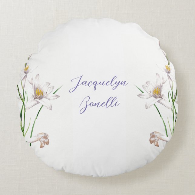Coussins Ronds Floral Elegant Chic Cute Calligraphie Ajouter Nom (Devant)