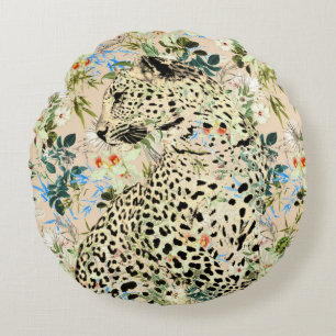 Coussins Ronds Floral empreinte de léopard tropical hawaïen