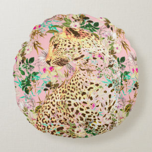 Coussins Ronds Floral empreinte de léopard tropical hawaïen
