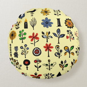 Coussins Ronds Floral folk coloré et oiseaux