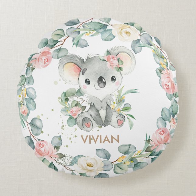 Coussins Ronds Floral Greenery Koala Girl Nursery Décor de la cha (Devant)