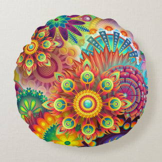 Coussins Ronds Floral Mandala Collage psychédélique