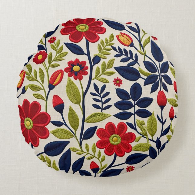 Coussins Ronds Floral rouge, vert, bleu et blanc (Devant)
