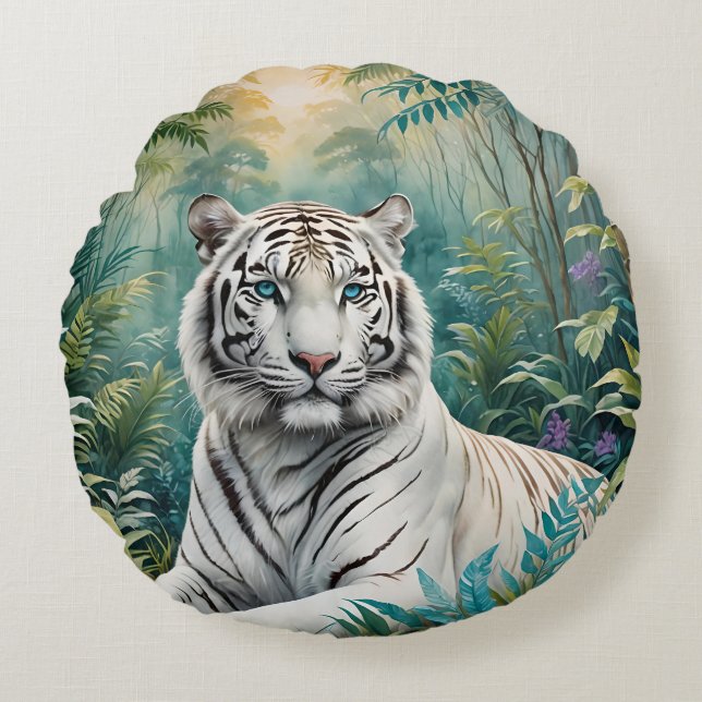Coussins Ronds Flore de la jungle de Tigre blanc (Devant)