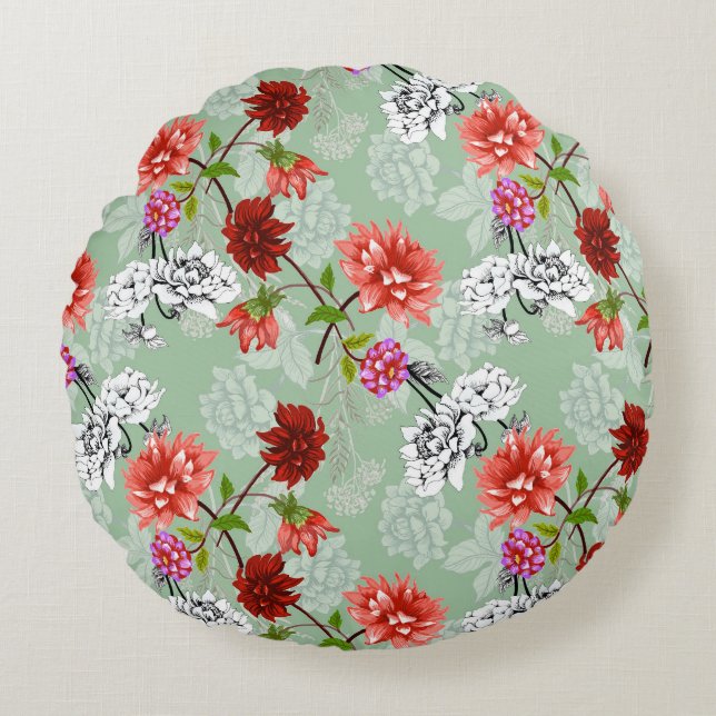 Coussins Ronds Flore de printemps vert : main tirée (Devant)